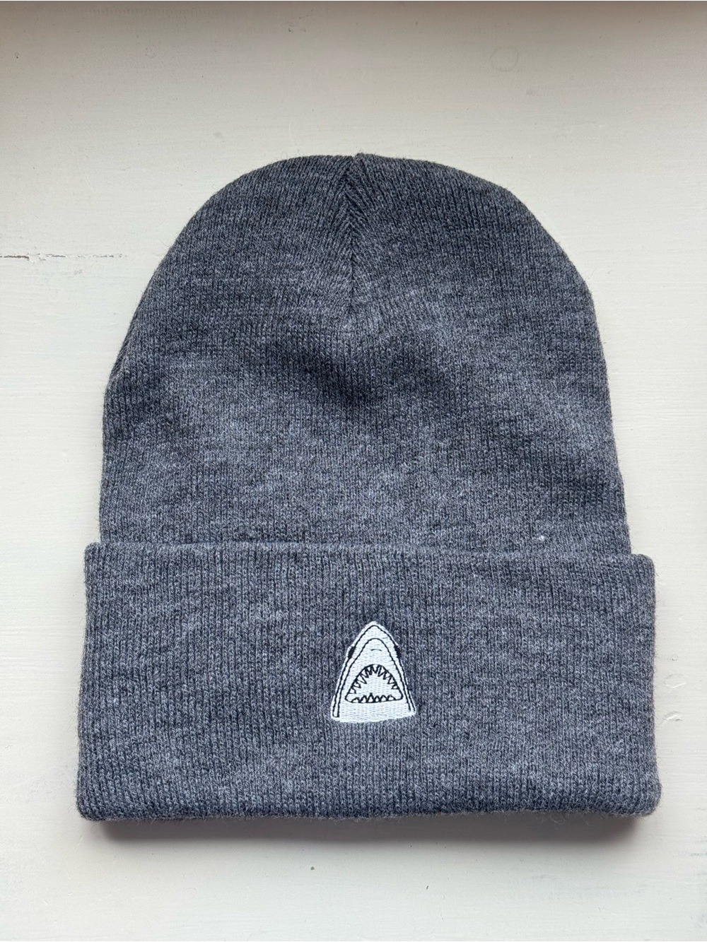 Gray Knit Beanie with Shark Patch - Womens Accessory